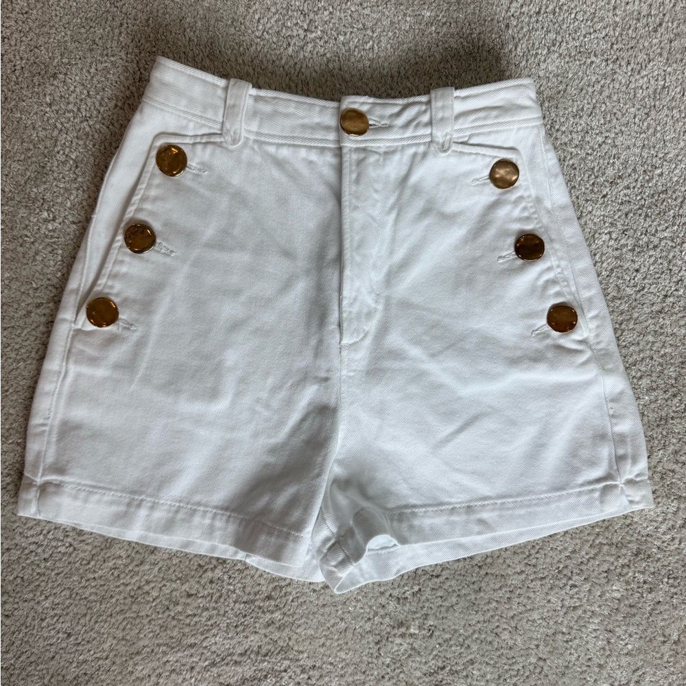 Zara White High-Waisted Shorts with Gold Buttons